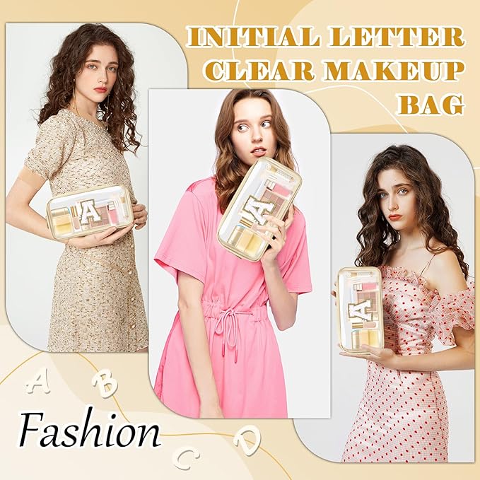 Personalized Initial Letter Clear Makeup Bag,Preppy Small Nylon&PVC Cosmetic Zipper Bag with Chenille Letter,Portable Beach Travel Skincare Toiletry Bag,Trendy Monogram Gift for Teen Girls Women,A