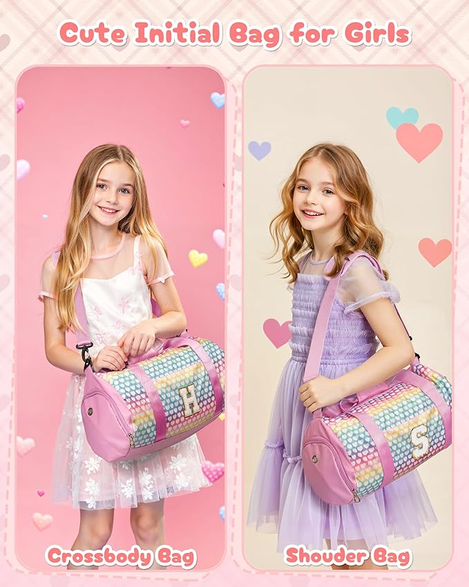 Gifts for 8 Year Old Girl, Girls Travel Duffel Bag, Kids Initial Overnight Bags with Shoe Compartment, Personalized Weekender Bag with Makeup Pouch, Gift for Grandkids (Letter E)