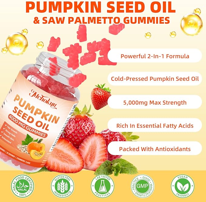 Pumpkin Seed Oil Supplement Gummies 4000mg with Saw Palmetto for Hair Growth & Skin Health, High Pure Extract for Women & Men Extra Strength Pumpkin Seed, Strawberry Flavor, 120 Count