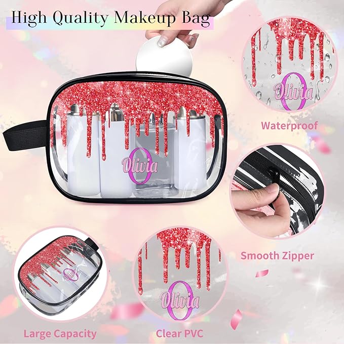 Custom Clear Travel Cosmetic Bag with Name, Personalized Transparent Large Capacity Weekend Toiletry Bag Portable Bathroom Makeup Organizer, Shiny Sparkly Fluid Shape Red Glittering