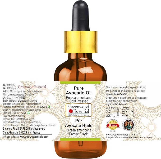 Greenwood Essential Pure Avocado Oil (Persea americana) with Glass Dropper 100% Natural Therapeutic Grade Cold Pressed for Personal Care 15ml (0.50 oz)
