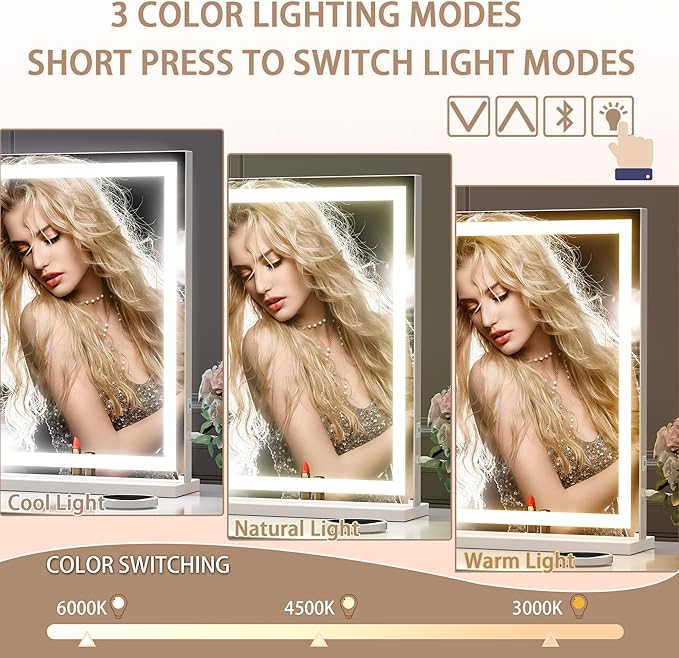 Hasipu Vanity Mirror with Lights and Bluetooth Speaker, 47" x 29.5" LED Makeup Mirror, Lighted Makeup Mirror with Dimmable 3 Modes, Touch Screen Control Vanity Mirror Square White