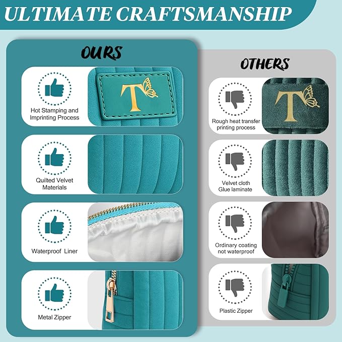 Monogrammed Make Up Bags for Women,Personalized Cosmetic Bags Women,Small Quilted Makeup Pouch,Cute Makeup Bag Travel,Birthday Gifts for Teen Girl (Blue T)