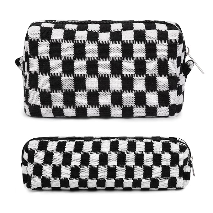 SOIDRAM Makeup Bag Checkered Cosmetic Bag Black Makeup Pouch 1Pcs Large Capacity Makeup Bags and 1Pcs Makeup Brushes Storage Bag Travel Toiletry Bag Organizer