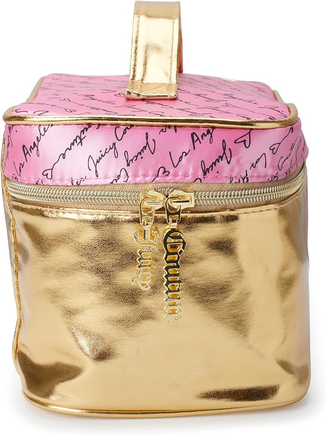 Juicy Couture Gold Pink Makeup Bag Cosmetics Organizer Travel Essentials Train Case Shiny Heart