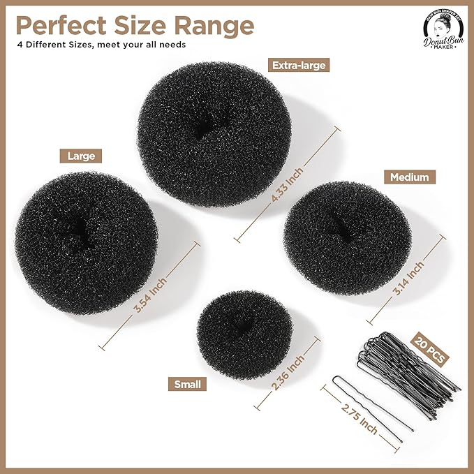 Teenitor Hair Donut, Hair Bun Maker, Black（Extra-large, Large, Medium and Small）