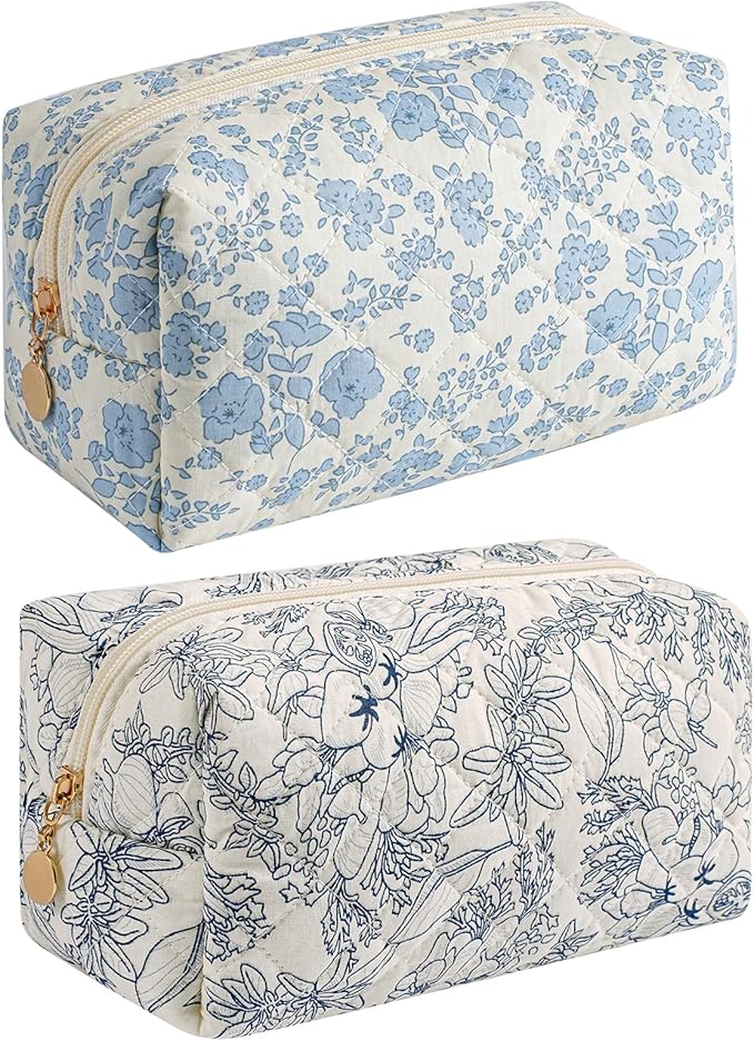 JOVAKIT Square Makeup Bag Cute Cosmetic Bag for Women, Floral Coquette Aesthetic Toiletry Bag, Zipper Make Up Pouch, Travel Make Up Organizer Bag (Blue+Navy Blue Floral)