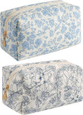 JOVAKIT Square Makeup Bag Cute Cosmetic Bag for Women, Floral Coquette Aesthetic Toiletry Bag, Zipper Make Up Pouch, Travel Make Up Organizer Bag (Blue+Navy Blue Floral)
