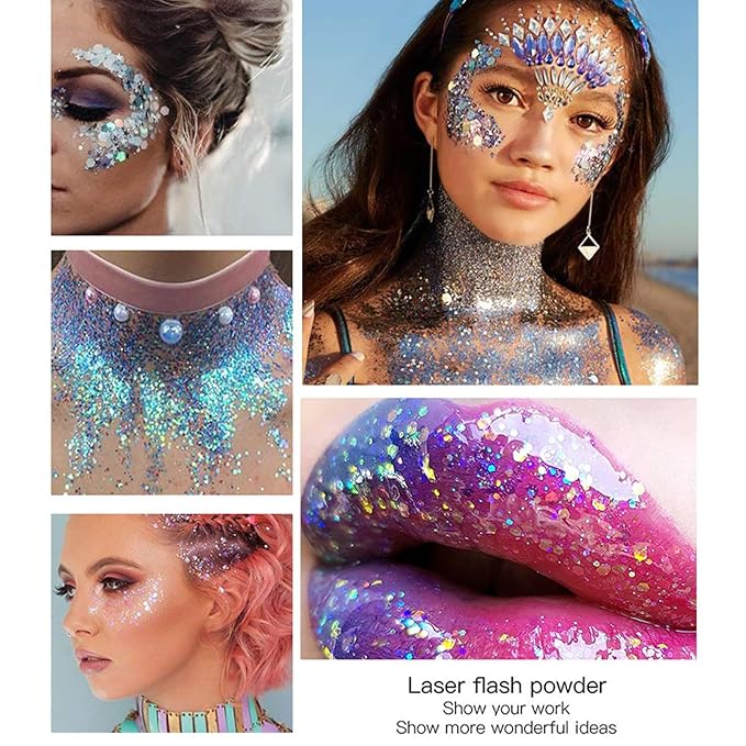 DAGEDA Body Glitter Gel, Face Glitters Body Gel Sequins Shimmer Liquid Eyeshadow, Chunky Glitter for Face Hair Nails, Holographic Cosmetic Laser Powder Festival Glitter Makeup 1.7oz (Lake Blue)