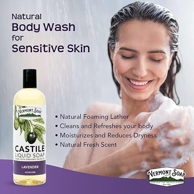 Vermont Castile Soap Lavender, Gentle Liquid Soap for Sensitive Skin & Natural Body Wash, Organic Hair Shampoo for Oily Hair, Aloe Castile for Men & Women - 16 Oz