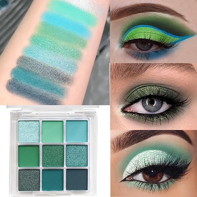 MEICOLY 9 Colors Glitter Matte Green Eyeshadow Palette,Christmas Stocking Stuffers for Women,Green Eye Shadow for Christmas Wicked Witch Elphaba Makeup, Shimmer Matte Eye Makeup Eyelid Color
