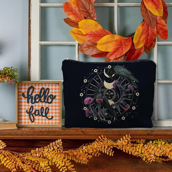 Goth Raven Makeup Bag, Celestial Sun and Moon Phase Witchy Makeup Bag for Women, Witch Stuff, Halloween Black Crow Floral Cosmetic Bag Toiletry Bag for Women, Black