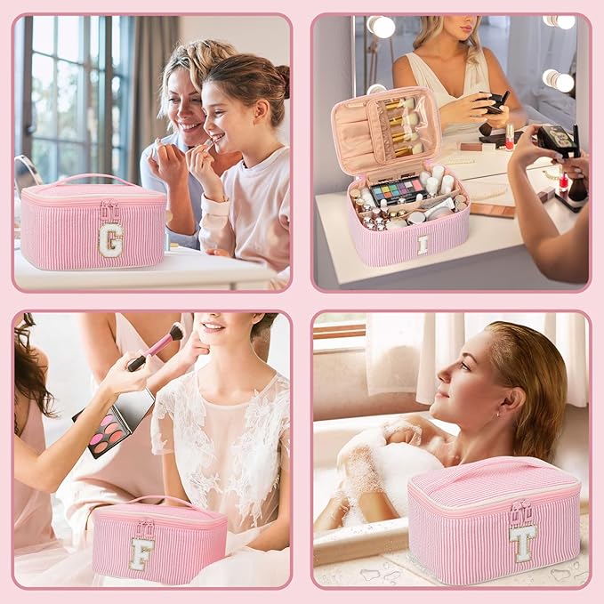 OCHEAL Makeup Bag for Women, Monogram Cosmetic Bag with Brush Holder, Pink Travel Makeup Case Beauty Toiletry Bag Organizer Personalized Gifts for Girls Bridesmaid, Sister, Wife, Friends Initial E