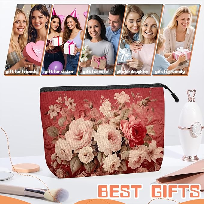 Cosmetic Bags Travel Makeup Toilet Case Waterproof Pouch for Women Girls 6.7X9.45inches - Assorted Pale - Colored Flowers on A Red Ornamental Background