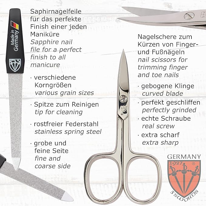 3 Swords Germany – brand quality 10 piece manicure pedicure grooming kit set for professional finger & toe nail care tweezers file clipper fashion leather case in gift box, Made by 3 Swords (7797)
