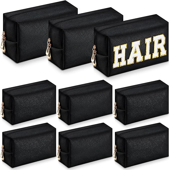 Sanwuta 9 Pcs Makeup Bags Bulk PU Double Zippers Cosmetic Bag Makeup Toiletry Christmas Small Pouch Portable Travel Organizers Case for Women Bridesmaid Party End of The Year(Black)