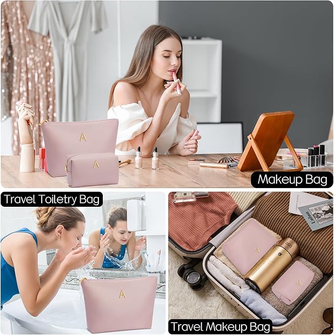 Women Gifts | Initial Makeup Bag Set for Girl Personalized Gifts for Bridesmaid Friend Graduation Teachers PU Leather Cosmetic Travel Toiletry Bag(Pink,A)