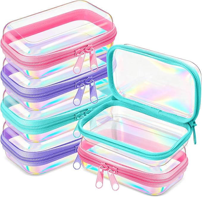 Sanwuta 6 Pcs Clear Hard Zipper Case Hard Plastic Zipper Pouches Makeup Bag Pencil Pouches Transparent Cases for Snacks Plastic Storage Organizer Box for Travel(Holographic,5 x 3 x 2 Inch)