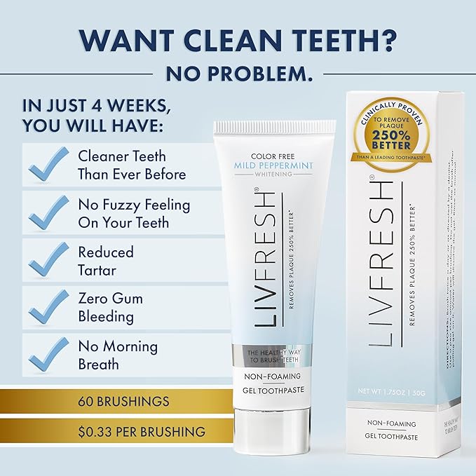 LIVFRESH Toothpaste Gel, Clinically Proven to Remove Plaque 250% Better, Improves Gum Health 190% Better, Prevents & Reduces Tartar, Mild Peppermint