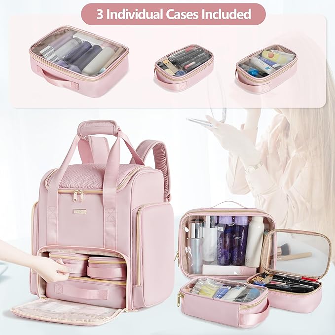 Large Makeup Backpack with 3 Clear Makeup Bags, Double Layers Professional Makeup Travel Case with Brushes Storage Section for Makeup Artists