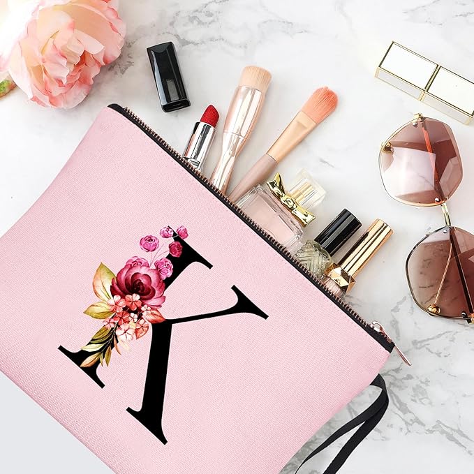 Vavabox A-Z Personalized Makeup Bag, Birthday Gifts for Women Mom, Gifts for Best Friend, Bride Bridesmaid Cosmetic bag (K, Pink)