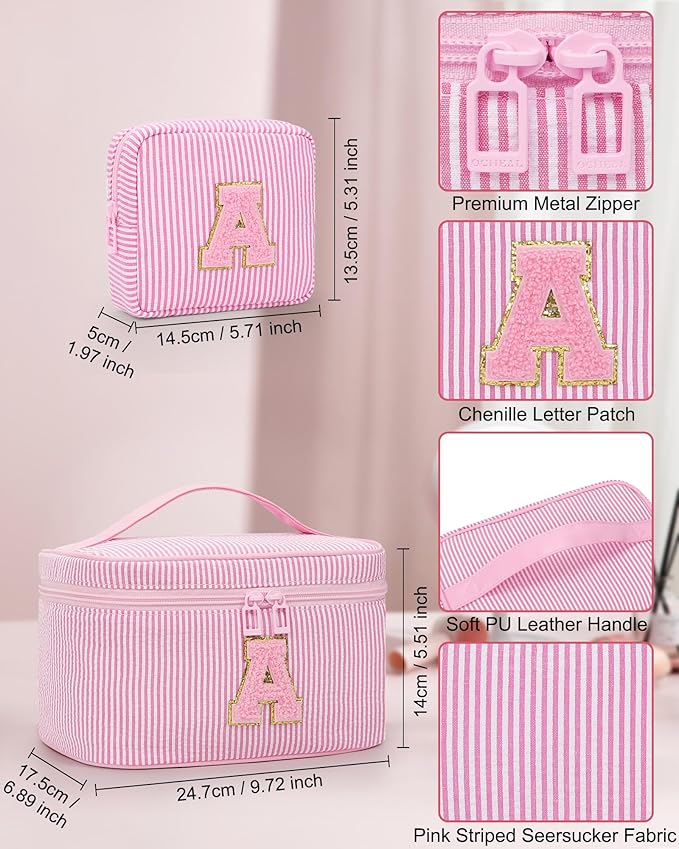 Monogram Cosmetic Bag with Brush Holder,Gifts for Girls Teen Girls-Initial Makeup Bag|Personalized Gifts for Women Friends|Cute Toiletry Make Up Traveling Stuff Organizer 2PCS Pink D