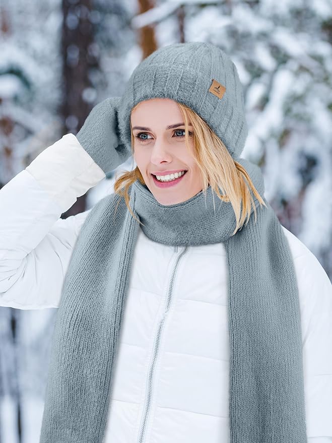 Winter Beanie Hat Scarf Gloves, Warm Fleece Knit Hat Long Scarf Neck Warmer Touch Screen Winter Gloves Set Gifts for Women