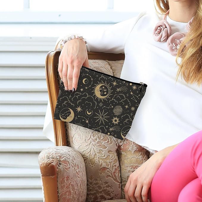 huester Black Golden Sun and Moon Star Witchy Makeup Bag, Moon Make Up Bag, Tarot Cosmetics Bag, Cosmetic Bags Travel Makeup Pouch Astrology Witchy Gifts for Purse Women Girls Sister Mom