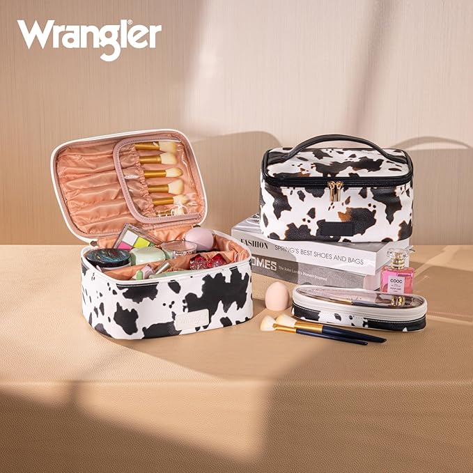 Montana West X Wrangler Travel Makeup Bag 2pcs Set Large Cosmetic Bag with Makeup Brush Holder Portable Make Up Organizer Cute Toiletry Bag with Divider and Handle for Women Cow Brown