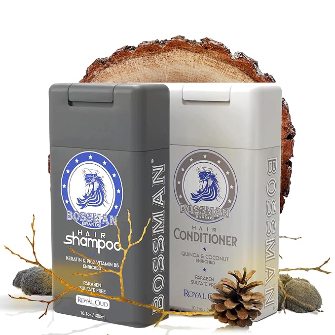Bossman Hair Shampoo and Conditioner Combo - Hydrating, Strengthening, and Soothing Formula for Men's Hair - Paraben Free & Sulfate Free (Royal Oud) - Packaging May Vary