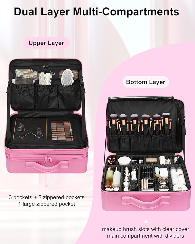 Relavel Extra Large Makeup Case Travel Train Case Professional Makeup Artist Bag Portable Nail Organizer Box Art Supply Case with Adjustable Dividers/Attach to Trolley/Shoulder Strap (Rose Pink)