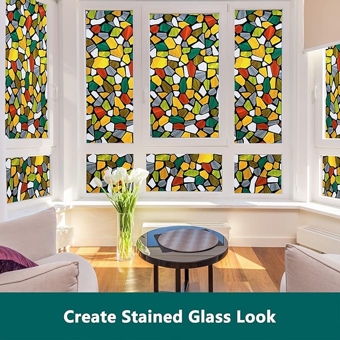 Volcanics Decorative Stained Glass Window Privacy Film with Installation Tools– Static Cling Privacy Sticker for Home & Church, Non-Adhesive, Anti-UV & Heat Blocking, 17.5 x 78.7 Inches