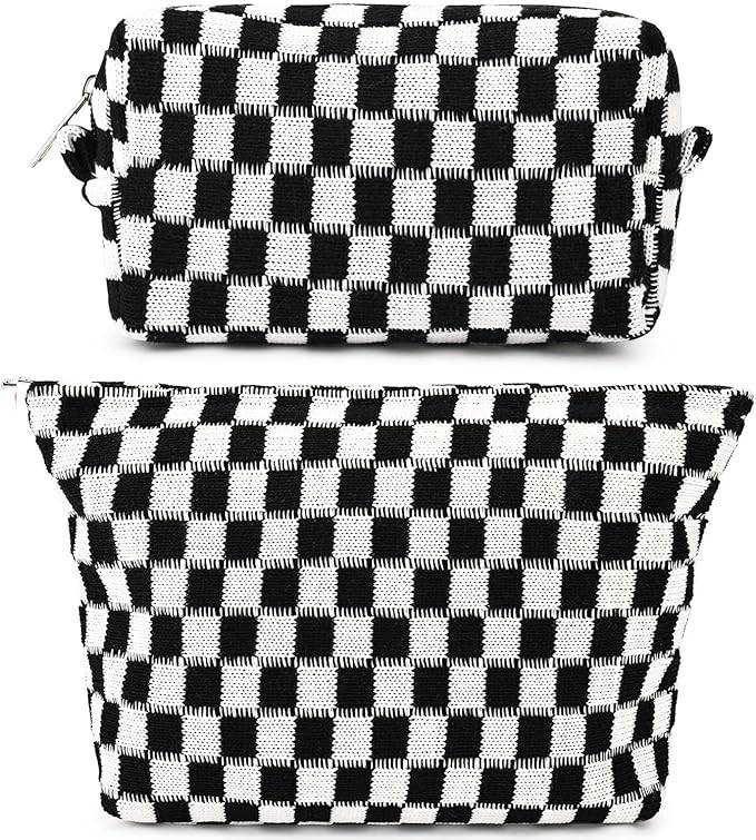 Travel Makeup Bag, Checkered Cosmetic Bag Make Up Organizer Case for Women, Small Toiletry Bag Skincare Pouch for Toiletries Accessories Brushes, 2PCS