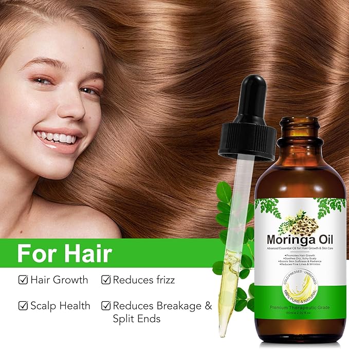 Moringa Oil for Hair 2.02 fl.oz, 100% Natural Premium Organic Cold-Pressed Glass Bottle Moringa Oil, Moringa Seed Oil for Face, Hair & Body Care, Anti-Aging, Nourish Hair, Scalp & Body Massage