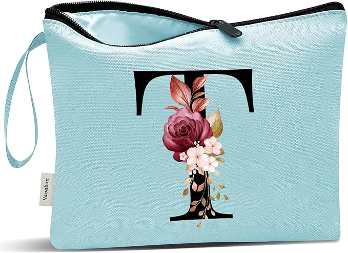 Vavabox A-Z Personalized Makeup Bag, Birthday Gifts for Women Mom, Gifts for Best Friend, Bride Bridesmaid Cosmetic bag (T, Green)