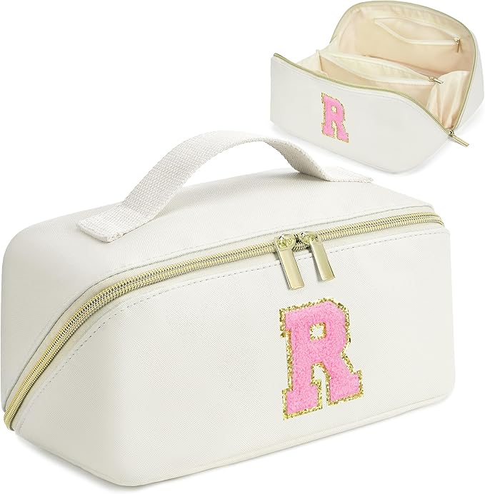 for Christmas Day Gifts, Makeup Bag for Women, PU Leather Travel Toiletry Bags, Initial Make Up Cosmetic Pouch for Teen Girls, Wide Open Portable Skincare Bag, Personalized Birthday Gifts, White R