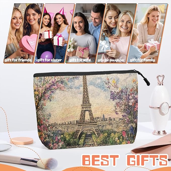 Cosmetic Bags Travel Makeup Toilet Case Waterproof Pouch for Women Girls 6.7X9.45inches - The Eiffel Tower Surrounded By Spring Flowers