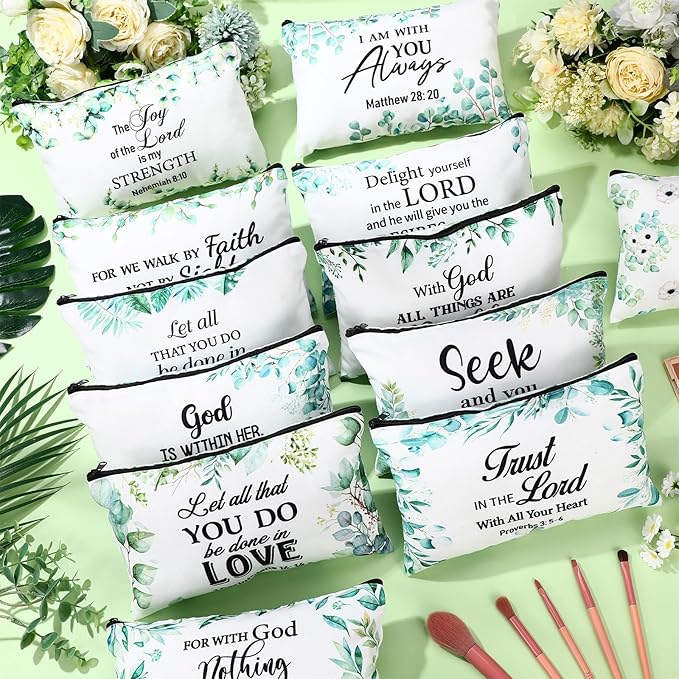 Hillban 36 Pcs Christian Gifts for Women Christian Makeup Bag Bible Verse Cosmetic Bag Inspirational Pencil Case with Zipper Green Leaves Travel Organizer Pouch for Cosmetics Makeup Brushes, 12 Styles