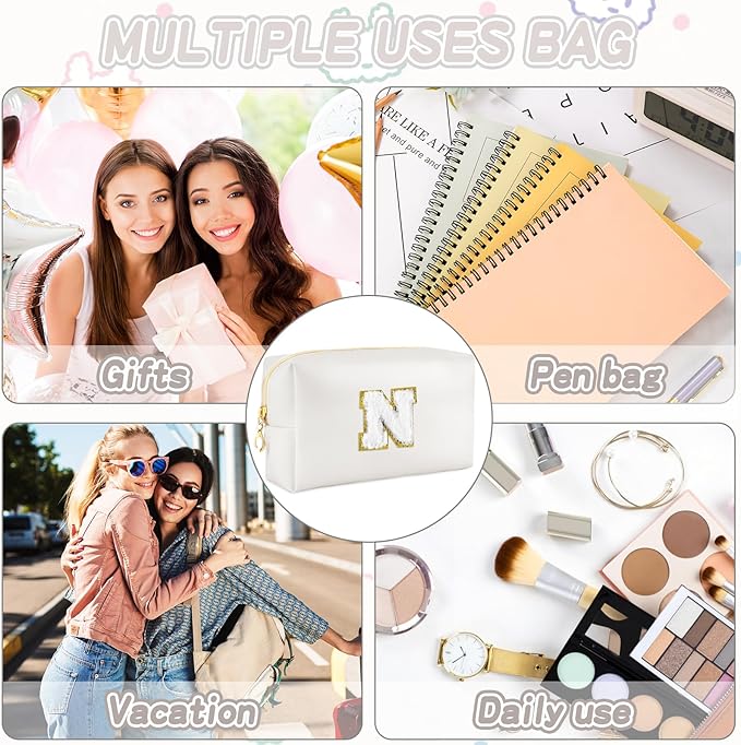 Gifts for Girls Initial Makeup Bag Personalized Cosmetic Bag with Zipper Cute Travel Toiletry Bags Waterproof PU Preppy Makeup Pouch Birthday Gift for Teen Girls Women(White N)