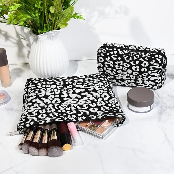 SOIDRAM 2 Pieces Leopard Print Makeup Bag Large Cosmetic Bag Capacity Canvas Mix Travel Toiletry Bag Organizer Cute Makeup Brushes Aesthetic Accessories Storage Bag for Women, Leopard Print Mix Black