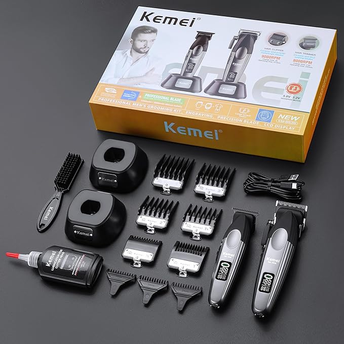 KEMEI 8536 Professional Hair Clippers for Men, Cordless Barber Clipper and Trimmers Set with LED Displays, 9000 RPM Hair Cutting Kits with Charging Bases, Mens Grooming Kit