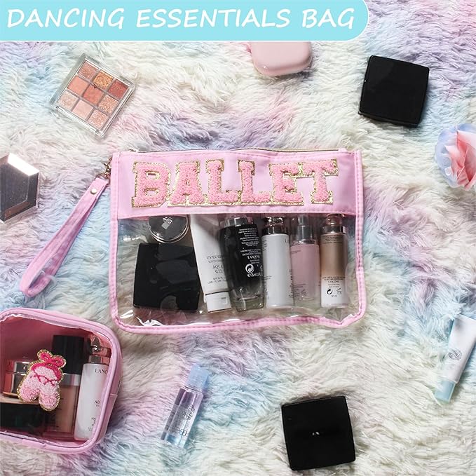 2 Pcs Ballet Gifts Cosmetic Makeup Bag with Chenille Letter Patch, Clear Pouch PVC Organizer Purse, Waterproof Travel Bag, Portable Toiletry Storage Bag for Her Girls Friends Women