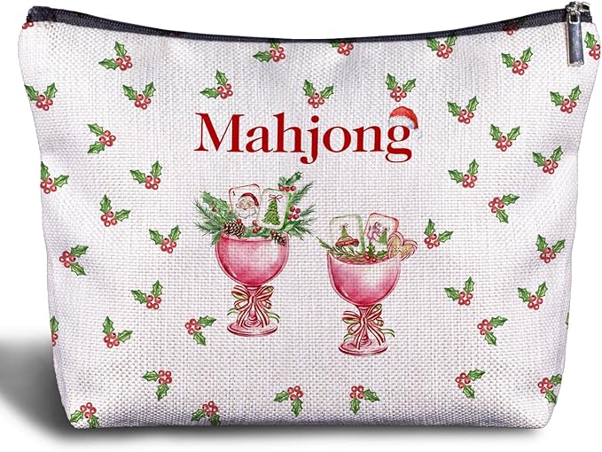 Christmas Mahjong Cocktail Makeup Bag, Mahjong Lover Player Gifts Cosmetic Bags for Women, Gifts for Cocktail Lovers, Christmas Holly Berry Mah Jong Makeup Zipper Pouch
