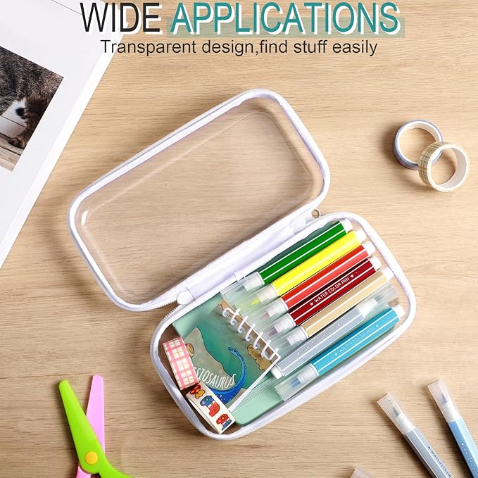 Sanwuta 6 Pcs Clear Hard Zipper Case Hard Plastic Zipper Pouches Makeup Bag Pencil Pouches Transparent Cases for Snacks Plastic Storage Organizer Box for Travel(White,7.48 x 3.94 x 2 Inch)