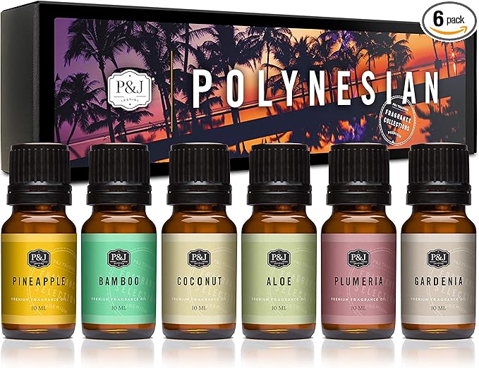 P&J Trading Polynesian Set of Fragrance Oil - Plumeria, Aloe, Pineapple, Bamboo, Gardenia, Coconut Candle Scents for Candle Making, Soap Making, Diffuser Oil Scents