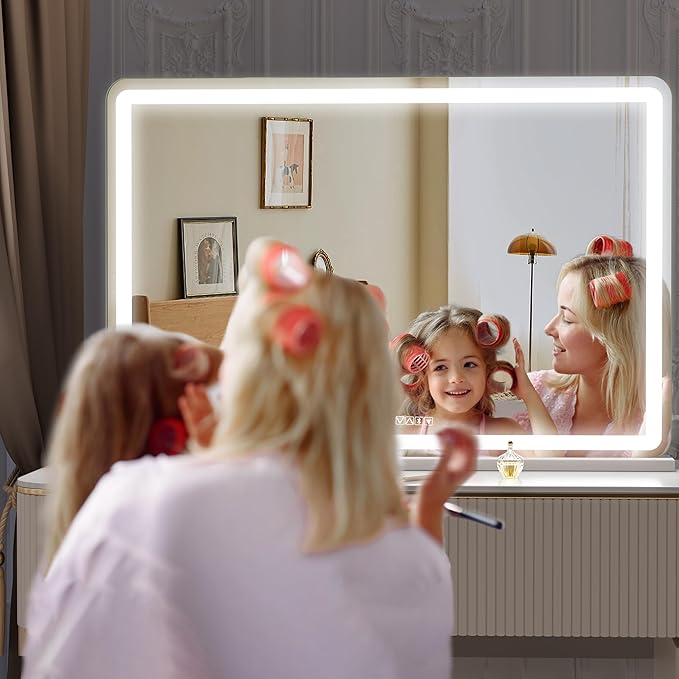 Hasipu Vanity Mirror with Lights and Bluetooth Speaker, 47.2" x 29.5" LED Makeup Mirror, Lighted Makeup Mirror with Dimmable 3 Modes, Touch Screen Control Vanity Mirror Round White