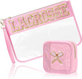2 Pcs Lacrosse Gifts Makeup Bag with Chenille Letter Patch, Clear Cosmetic Pouch PVC Organizer Purse, Waterproof Travel Bag, Portable Toiletry Storage Bag for Her Girls Friends Women