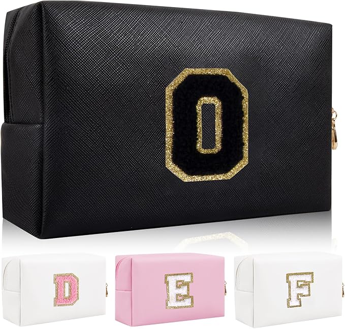 Personalized Initial Letter Patch Makeup Bag, Preppy Portable Chenille Cosmetic Bag with Zipper, PU Leather Waterproof Travel Toiletry Bag Monogram Make Up Pouch for Women Girls