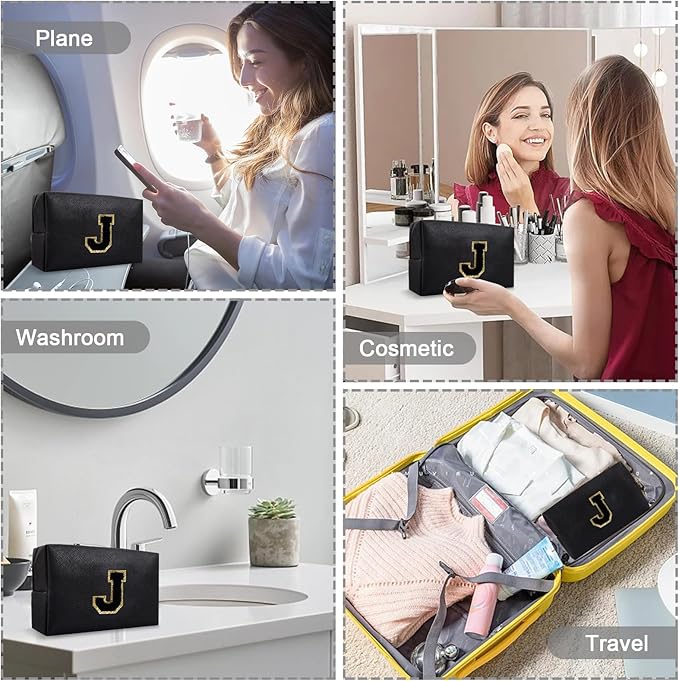 Personalized Preppy Small Travel Makeup Bag, Initial Cute Chenille Letter Black Makeup Case Cosmetic Pouch Toiletry Organizer, PU Leather Waterproof Make Up Storage Preppy Stuff for Women(Letter J)