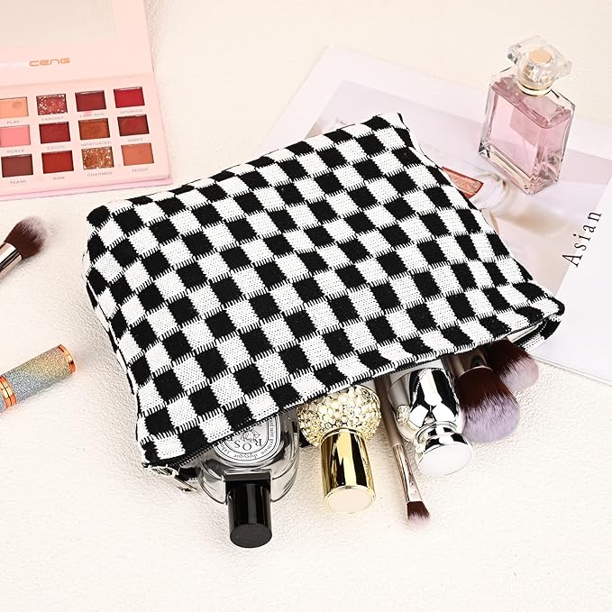 SOIDRAM 2 Pieces Makeup Bag Large Checkered Cosmetic Bag Capacity Canvas Travel Toiletry Bag Organizer Cute Makeup Brushes Aesthetic Accessories Storage Bag for Women, Checkered L Black Brown